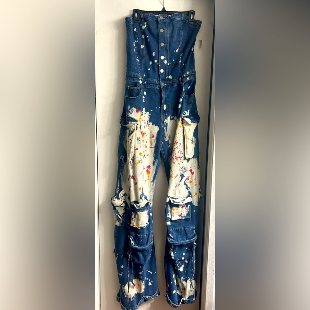 Halter top, jean romper w wide pant legs